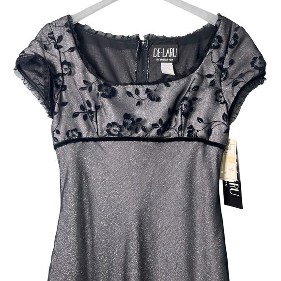 Vintage 90s Y2K De Laru Black Shimmer Cocktail Dress Size 12 Sheer Overlay Lace - Picture 3 of 11